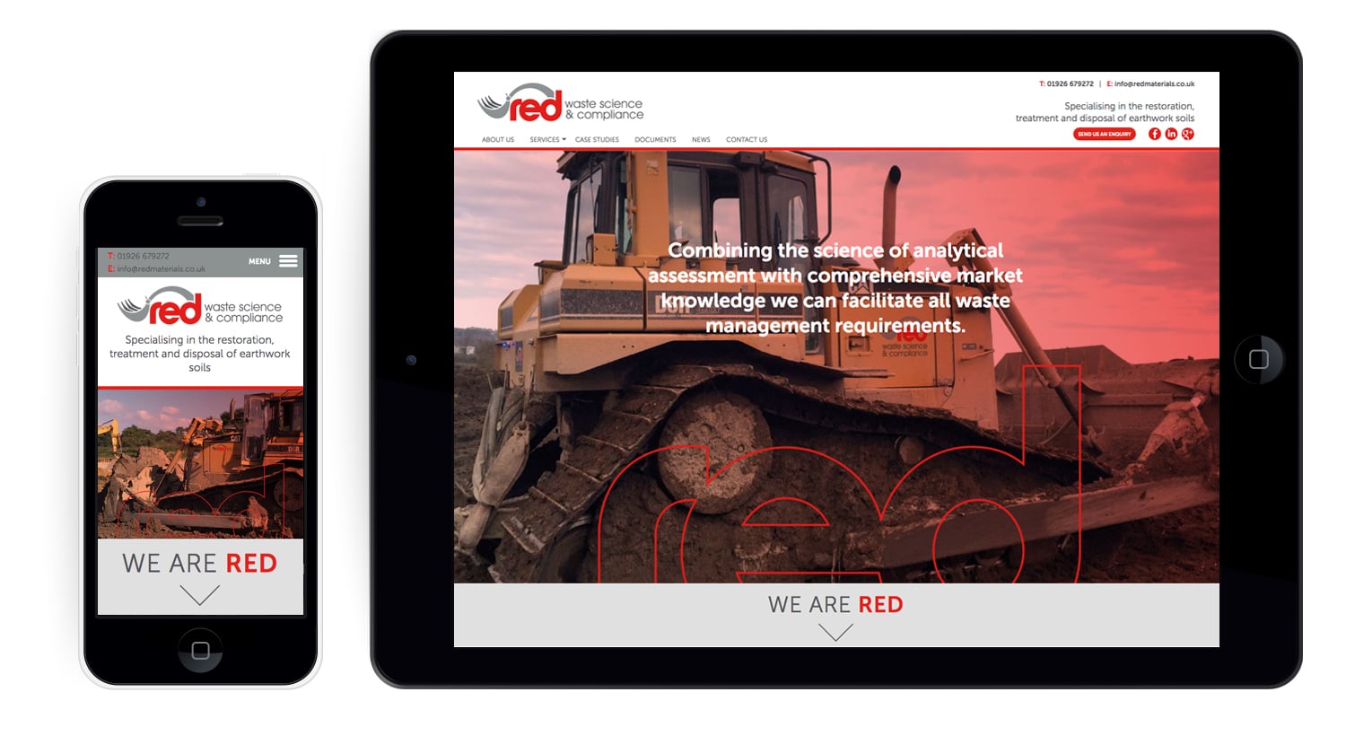Red Materials Website tablet and phone layout